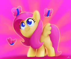 Size: 5400x4461 | Tagged: safe, artist:docwario, fluttershy, butterfly, pegasus, pony, g4, abstract background, absurd resolution, cute, female, fluttober, mare, pink background, shyabetes, smiling, solo, spread wings, sunburst background, wings