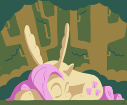 Size: 4800x3965 | Tagged: safe, artist:docwario, fluttershy, pegasus, pony, g4, eyes closed, female, fluttober, forest, high res, lineless, lying down, mare, prone, sleeping, solo, spread wings, tree, wings