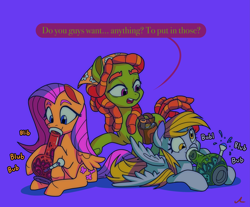 Size: 6895x5700 | Tagged: safe, artist:docwario, derpy hooves, fluttershy, tree hugger, earth pony, pegasus, pony, g4, blowing bubbles, bong, bubble, cute, derpabetes, drugs, eyebrows, female, fluttober, jar, lying down, mare, marijuana, open mouth, prone, purple background, raised hoof, shyabetes, simple background, sitting, spread wings, tree stoner, trio, wings, you're doing it wrong