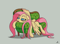Size: 6003x4406 | Tagged: safe, artist:docwario, fluttershy, pegasus, pony, g4, bags under eyes, chair, couch, exhausted, female, fluttober, gray background, mare, miserable, simple background, solo, tired