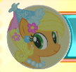 Size: 108x102 | Tagged: safe, gameloft, applejack, earth pony, pony, g4, my little pony: magic princess, applejack also dresses in style, clothes, dress, ear piercing, female, flower, flower in hair, froufrou glittery lacy outfit, happy, hat, hennin, jewelry, looking at you, mare, necklace, piercing, princess, princess applejack, smiling