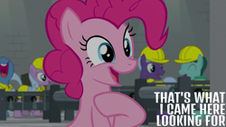 Size: 1280x720 | Tagged: safe, edit, edited screencap, editor:quoterific, screencap, giggleberry, lavender chuckle, pinkie pie, earth pony, pony, g4, season 9, the last laugh, clothes, female, hard hat, hat, hoof on chest, laughing, male, mare, nose in the air, open mouth, open smile, smiling, stallion, volumetric mouth