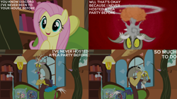 Size: 4400x2475 | Tagged: safe, edit, edited screencap, editor:quoterific, screencap, discord, fluttershy, draconequus, pegasus, pony, discordant harmony, g4, duo, duo male and female, faucet, female, fluttershy's cottage (interior), gritted teeth, male, mare, mind blown, open mouth, open smile, pillow, smiling, snaggletooth, teeth