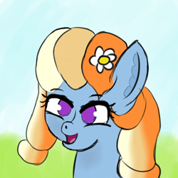 Size: 5000x5000 | Tagged: safe, artist:houndy, oc, oc:aurelia coe, earth pony, pony, cute, flower, flower in hair, happy, looking at you, multicolored hair, purple eyes, simple background, smiling, smiling at you