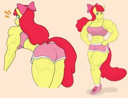 Size: 2048x1582 | Tagged: safe, artist:matchstickman, apple bloom, earth pony, anthro, plantigrade anthro, matchstickman's apple brawn series, tumblr:where the apple blossoms, abs, apple bloom's bow, apple brawn, biceps, bow, breasts, busty apple bloom, clothes, deltoids, female, hair bow, looking at you, looking back, mare, muscles, muscular female, older, older apple bloom, pink background, rear view, shoes, simple background, socks, solo, tail, tail hole, thighs, thunder thighs, tumblr comic