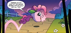 Size: 1334x622 | Tagged: safe, artist:tony fleecs, idw, pinkie pie, living apple, g4, night of the living apples, spoiler:comic, apple, apple pinkie, dialogue, female, food, food transformation, inanimate tf, out of context, solo, transformation