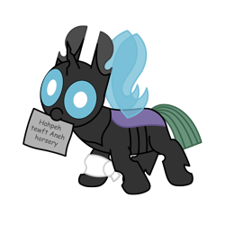Size: 3000x3000 | Tagged: safe, artist:theunidentifiedchangeling, oc, oc:[unidentified], changeling, mlp fim's twelfth anniversary, armband, buggo, changeling oc, cute, cuteling, derp, digital art, foal, high res, horn, intentional spelling error, mouth hold, paper, simple background, solo, spread wings, transparent background, wings