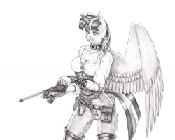 Size: 1500x1197 | Tagged: safe, artist:baron engel, twilight sparkle, alicorn, anthro, g4, breasts, clothes, female, grayscale, gun, handgun, monochrome, pencil drawing, pistol, solo, story in the source, story included, traditional art, twilight sparkle (alicorn), weapon