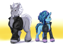 Size: 2183x1593 | Tagged: safe, artist:sallylla, alphabittle blossomforth, misty brightdawn, pony, unicorn, g5, my little pony: a new generation, my little pony: make your mark, my little pony: make your mark chapter 2, spoiler:my little pony: make your mark chapter 2, beard, choker, clothes, duo, eyebrows, facial hair, father and child, father and daughter, female, freckles, full body, heartwarming in hindsight, hilarious in hindsight, hooves, jacket, jewelry, leather, leather jacket, looking at each other, looking at someone, male, mare, misty blossomforth, necklace, simple background, size difference, smiling, stallion, standing, unshorn fetlocks, wish granted