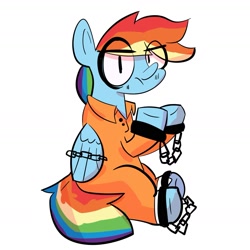 Size: 1847x1847 | Tagged: safe, artist:eveeyuwu, rainbow dash, pegasus, pony, g4, bound wings, chained, chains, clothes, commission, commissioner:rainbowdash69, cuffed, female, grumpy, mare, never doubt rainbowdash69's involvement, prison outfit, prisoner rd, raised hoof, simple background, solo, white background, wings