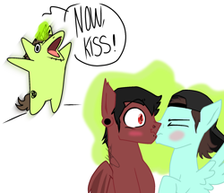 Size: 1590x1367 | Tagged: safe, artist:decaydaance, oc, oc only, bat pony, pegasus, pony, unicorn, alex gaskarth, blushing, derp, gay, magic, magic aura, male, now kiss, piercing, ponysona, scrunchy face, shipper on deck, shipping, signature, simple background, stallion, vic fuentes, white background