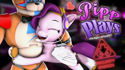 Size: 1920x1080 | Tagged: safe, artist:pika-robo, pipp petals, pegasus, pony, series:pipp plays, g4, g5, 3d, crossover, eyes closed, fake thumbnail, female, five nights at freddy's, five nights at freddy's: security breach, folded wings, freddy fazbear, g5 to g4, gamer pipp, gaming headset, generation leap, glamrock freddy, happy, headset, heart, hug, let's play, mare, open mouth, open smile, smiling, source filmmaker, video game, wings, youtube thumbnail