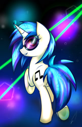 Size: 1024x1583 | Tagged: safe, artist:celliron, dj pon-3, vinyl scratch, pony, unicorn, g4, abstract background, female, grin, looking at you, looking back, looking back at you, mare, music notes, raised hoof, smiling, solo