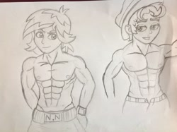 Size: 2592x1936 | Tagged: safe, artist:pokecure123, normal norman, scott green, human, equestria girls, g4, background human, boxing shorts, duo, duo male, male, muscles, muscular male, pecs, traditional art
