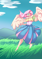 Size: 2700x3800 | Tagged: safe, artist:mrabrickwall, fluttershy, human, g4, barefoot, breasts, busty fluttershy, cleavage, clothes, dress, feet, female, field, grass, grass field, high res, hill, humanized, open mouth, smiling, solo, spread wings, winged humanization, wings