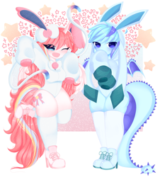 Size: 7449x8255 | Tagged: safe, artist:arwencuack, oc, oc only, oc:nekonin, oc:sky gamer, dracony, dragon, glaceon, hybrid, sylveon, unicorn, anthro, boots, clothes, commission, crossdressing, duo, femboy, high heel boots, high heels, leotard, male, pokémon, shoes, simple background, socks, thigh highs, white background