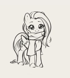 Size: 2180x2416 | Tagged: safe, artist:miokomata, fluttershy, pegasus, pony, g4, chest fluff, clothes, cute, daaaaaaaaaaaw, eyebrows, female, freckles, freckleshy, gray background, grayscale, high res, looking at you, mare, monochrome, scarf, shyabetes, simple background, smiling, smiling at you, solo