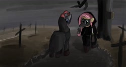 Size: 2000x1067 | Tagged: safe, artist:solid shrimp, fluttershy, pinkie pie, earth pony, pegasus, pony, g4, duo, plague doctor, wasteland