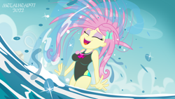 Size: 1280x720 | Tagged: safe, artist:metalhead97, fluttershy, human, equestria girls, equestria girls series, bare shoulders, bikini, breasts, busty fluttershy, clothes, enjoying, eyes closed, female, fluttershy's beach shorts swimsuit, fluttershy's one-piece swimsuit, geode of fauna, hair, hair flip, jewelry, legs in the water, legs together, magical geodes, messy hair, necklace, ocean, one-piece swimsuit, show accurate, sleeveless, smiling, solo, swimsuit, water, watershy, wet