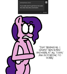Size: 1275x1414 | Tagged: safe, artist:professorventurer, pipp petals, pegasus, pony, series:ask pippamena, g5, bipedal, implied lesbian, implied petalscout, implied shipping, open mouth, pippamena, simple background, thinking, white background