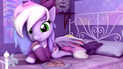 Size: 3840x2160 | Tagged: safe, artist:pastelsplashuwu, oc, oc only, oc:blazey sketch, pegasus, pony, 3d, 3d model, bed, bedroom, bow, clothes, cookie, female, food, hair bow, high res, long mane, long tail, looking at you, lying down, mare, multicolored hair, plushie, purple background, simple background, small wings, smiling, smiling at you, solo, source filmmaker, sweater, tail, wings