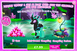 Size: 1960x1300 | Tagged: safe, gameloft, sclerite, changedling, changeling, g4, my little pony: magic princess, advertisement, background changeling, black paint, bush, costs real money, english, gem, horn, introduction card, lantern, male, moss, numbers, paint, sale, solo, text