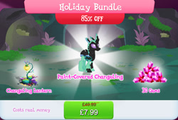 Size: 1269x858 | Tagged: safe, gameloft, sclerite, changedling, changeling, g4, my little pony: magic princess, background changeling, black paint, bundle, bush, costs real money, english, gem, holiday bundle, horn, lantern, male, moss, numbers, paint, sale, solo, text
