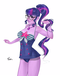 Size: 3200x4000 | Tagged: safe, artist:joe pekar, part of a set, sci-twi, twilight sparkle, human, equestria girls, equestria girls series, forgotten friendship, g4, bare shoulders, breasts, clothes, female, geode of telekinesis, glasses, high res, looking at you, magical geodes, multiple variants, one-piece swimsuit, playing with hair, pony coloring, ponytail, reasonably sized breasts, sci-twi swimsuit, simple background, sleeveless, smiling, smiling at you, solo, swimsuit