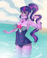 Size: 3200x4000 | Tagged: safe, alternate version, artist:joe pekar, part of a set, sci-twi, twilight sparkle, human, equestria girls, equestria girls series, forgotten friendship, g4, bare shoulders, breasts, clothes, female, geode of telekinesis, glasses, high res, looking at you, magical geodes, multiple variants, ocean, one-piece swimsuit, playing with hair, pony coloring, ponytail, reasonably sized breasts, sci-twi swimsuit, sleeveless, smiling, smiling at you, solo, swimsuit, water