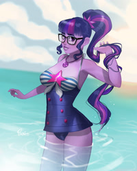 Size: 3200x4000 | Tagged: safe, alternate version, artist:joe pekar, part of a set, sci-twi, twilight sparkle, human, equestria girls, equestria girls specials, g4, my little pony equestria girls: better together, my little pony equestria girls: forgotten friendship, bare shoulders, breasts, clothes, female, geode of telekinesis, glasses, high res, looking at you, magical geodes, multiple variants, ocean, one-piece swimsuit, playing with hair, pony coloring, ponytail, reasonably sized breasts, sci-twi swimsuit, sleeveless, smiling, smiling at you, solo, swimsuit, water