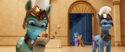 Size: 640x267 | Tagged: safe, screencap, izzy moonbow, sunny starscout, thunder flap, zoom zephyrwing, earth pony, pegasus, pony, unicorn, g5, my little pony: a new generation, spoiler:my little pony: a new generation, animated, cellphone, female, guardsmare, male, mare, medium sneaky, pegasus royal guard, phone, royal guard, sneaking, stallion, suspicious, table
