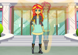Size: 352x250 | Tagged: artist needed, safe, sunset shimmer, human, equestria girls, g4, boots, canterlot high, clothes, jacket, kisekae, pants, shirt, shoes, solo
