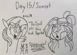 Size: 1826x1293 | Tagged: safe, artist:spoopygirl, paprika (tfh), pom (tfh), sunset shimmer, alpaca, sheep, them's fightin' herds, g4, alternate hairstyle, community related, lineart, ponytober, ponytober 2022, signature, text, traditional art