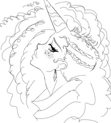 Size: 656x726 | Tagged: safe, artist:rileyav, misty brightdawn, human, g5, black and white, blushing, bust, cornrows, cute, ear piercing, earring, freckles, grayscale, horn, horned humanization, humanized, jewelry, mistybetes, monochrome, piercing, profile, sketch, solo