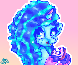 Size: 3000x2500 | Tagged: safe, artist:mannybcadavera, misty brightdawn, pony, unicorn, g5, bust, donut, eating, female, food, gradient background, high res, hoof hold, looking at you, mare, outline, solo, white outline