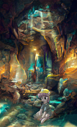 Size: 2128x3508 | Tagged: safe, ai assisted, ai content, artist:neoshrek, maud pie, earth pony, pony, g4, cave, helmet, high res, mining helmet, scenery, scenery porn, solo