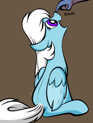 Size: 1764x2316 | Tagged: safe, artist:feather_bloom, oc, oc:feather bloom(fb), oc:feather_bloom, pegasus, pony, boop, comic style, hand, happy, looking up, precious, simple background, sitting, solo focus
