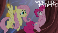 Size: 1920x1080 | Tagged: safe, edit, edited screencap, editor:quoterific, screencap, fluttershy, pinkie pie, earth pony, pegasus, pony, g4, season 5, the one where pinkie pie knows, covering mouth, duo, duo female, female, flying, grin, listening, looking at each other, looking at someone, mare, one eye closed, smiling