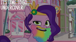 Size: 1920x1080 | Tagged: safe, edit, edited screencap, editor:quoterific, screencap, pipp petals, pegasus, pony, g5, my little pony: tell your tale, pippsqueaks forever, spoiler:g5, spoiler:my little pony: tell your tale, spoiler:tyts01e28, beard, facial hair, female, headband, jewelry, looking at you, mare, open mouth, open smile, regalia, smiling, smiling at you, solo