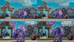 Size: 4400x2475 | Tagged: safe, edit, edited screencap, editor:quoterific, screencap, izzy moonbow, sunny starscout, earth pony, pony, unicorn, g5, have you seen this dragon?, my little pony: make your mark, my little pony: make your mark chapter 2, spoiler:my little pony: make your mark chapter 2, spoiler:mymc02e08, background pony, barrel, bracelet, female, friendship bracelet, glasses, helmet, jewelry, male, mare, musical instrument, one-mare band, roller skates, stallion
