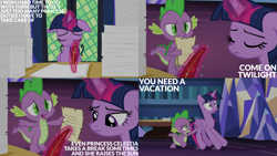 Size: 4400x2475 | Tagged: safe, edit, edited screencap, editor:quoterific, screencap, spike, twilight sparkle, alicorn, dragon, pony, g4, once upon a zeppelin, season 7, eyes closed, female, floppy ears, frown, gritted teeth, implied princess celestia, magic, male, mare, open mouth, paper, paperwork, pushing, quill, sad, teeth, telekinesis, twilight sparkle (alicorn), twilight's castle