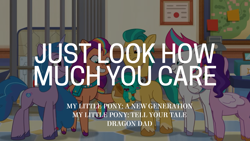 Size: 1920x1080 | Tagged: safe, edit, edited screencap, editor:quoterific, screencap, hitch trailblazer, izzy moonbow, pipp petals, sparky sparkeroni, sunny starscout, zipp storm, dragon, earth pony, pegasus, pony, unicorn, dragon dad, g5, my little pony: tell your tale, spoiler:g5, spoiler:my little pony: tell your tale, spoiler:tyts01e29, baby, baby dragon, bag, bracelet, coat markings, eyes closed, female, fluttershy's cutie mark, friendship bracelet, frown, grin, happy, headband, jewelry, looking at someone, looking down, male, mane five, mane stripe sunny, mare, open mouth, open smile, papa hitch, rainbow dash's cutie mark, regalia, saddle bag, smiling, socks (coat markings), stallion, twilight sparkle's cutie mark