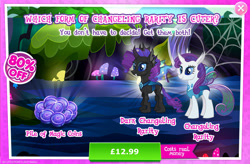 Size: 1967x1292 | Tagged: safe, gameloft, rarity, changedling, changeling, g4, my little pony: magic princess, advertisement, changelingified, costs real money, english, female, horn, insect wings, magic coins, mushroom, numbers, rariling, sale, species swap, text, wings