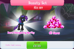 Size: 1275x857 | Tagged: safe, gameloft, rarity, changeling, g4, my little pony: magic princess, beauty set, bundle, changelingified, costs real money, english, female, gem, horn, insect wings, mushroom, numbers, rariling, sale, solo, species swap, text, wings