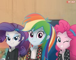 Size: 1378x1087 | Tagged: safe, artist:alex mlp, edit, pinkie pie, rainbow dash, rarity, human, equestria girls, g4, music video, one eye closed, smiling, solo, wink