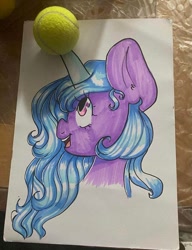 Size: 640x833 | Tagged: safe, artist:kreeeeeez, izzy moonbow, pony, unicorn, g5, ball, bust, colored horn, female, horn, izzy's tennis ball, mare, portrait, solo, tennis ball, traditional art