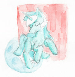 Size: 1920x1991 | Tagged: safe, artist:ploskostnost, lyra heartstrings, pony, unicorn, g4, eyes closed, sketch, solo, traditional art, watercolor painting