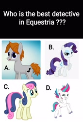 Size: 2160x3162 | Tagged: safe, bon bon, rarity, sweetie drops, zipp storm, oc, oc:sawtooth waves, earth pony, pegasus, pony, unicorn, g4, g5, my little pony: tell your tale, detective, detective rarity, detective zipp, female, flying, grin, group, high res, mare, open mouth, open smile, quartet, smiling, spread wings, wings