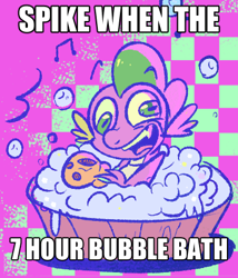 Size: 385x449 | Tagged: safe, artist:kreeeeeez, spike, dragon, g4, bath, bathtub, bubble, bubble bath, checkered background, impact font, male, music notes, solo, sponge, twitter