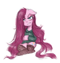 Size: 640x675 | Tagged: safe, artist:kreeeeeez, pinkie pie, earth pony, g4, angry, clothes, crossed arms, doodle, female, floppy ears, mare, pinkamena diane pie, plaid shirt, reddit, shirt, simple background, sitting, socks, solo, white background